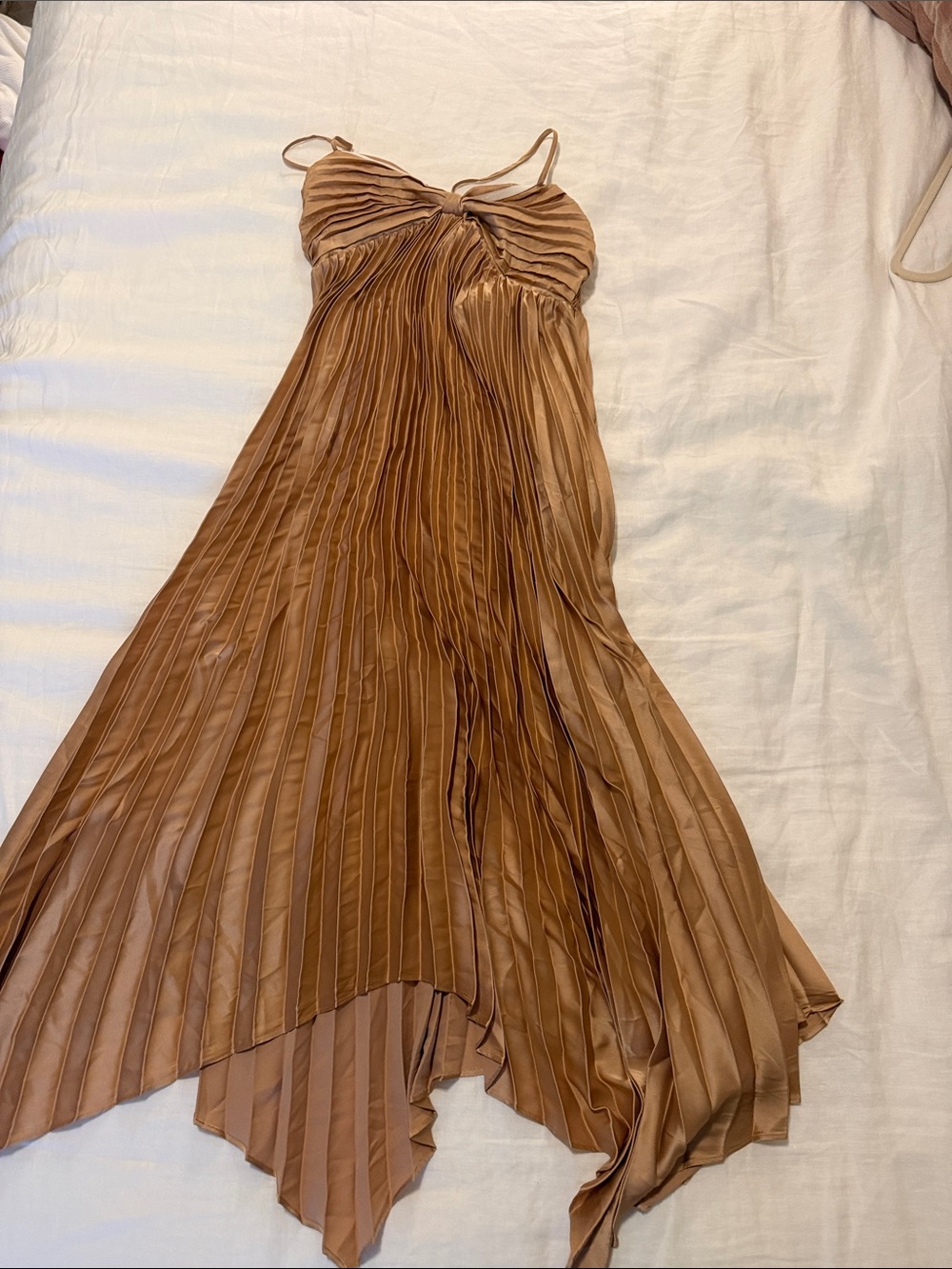 Petal @ pup Pleated Satin Spaghetti-Strap Dress in Caramel Brown